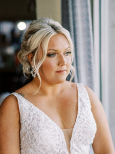 Close up shot of bride's hair and makeup at her Channel Side Wedding in Palm Coast, Florida. Taken by Ashley Dye Photography, a Jacksonville, Florida Wedding Photographer.