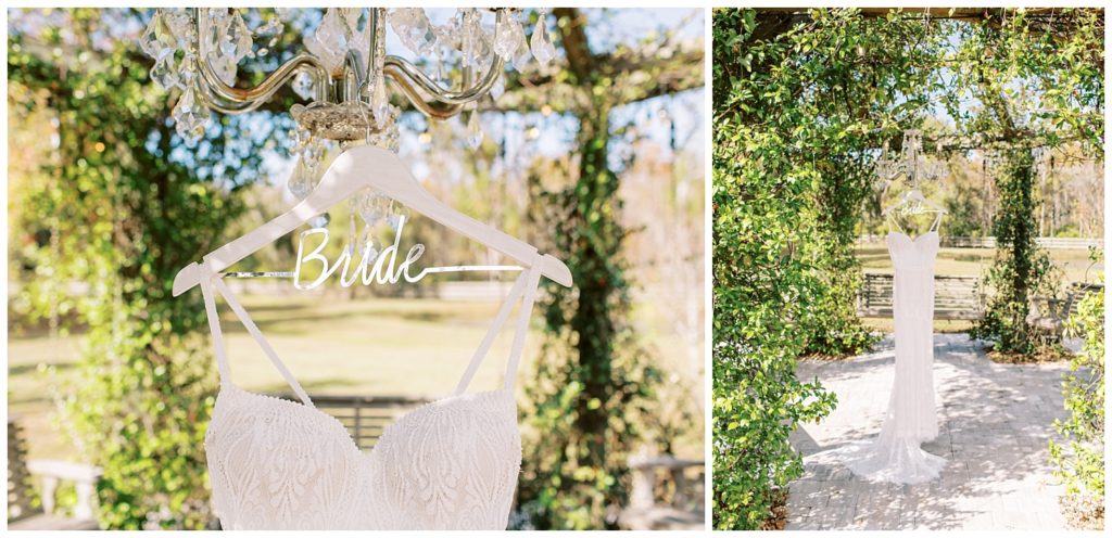 Wedding dress hanging in gazzebo at Belle Oaks Barn. Taken by Ashley Dye Photography, a St. Augustine Florida Wedding Photographer.