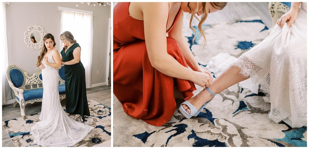 Bride putting on wedding dress and shoes. Taken by Ashley Dye Photography, a St. Augustine Florida Wedding Photographer.