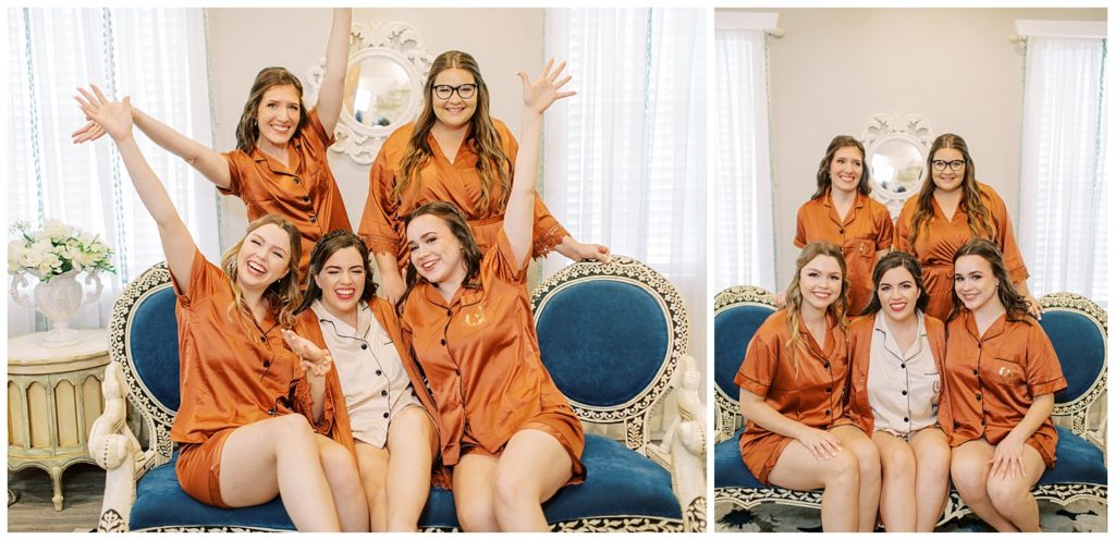 Bridal party in matching rust silk pajamas. Taken by Ashley Dye Photography, a St. Augustine Florida Wedding Photographer.