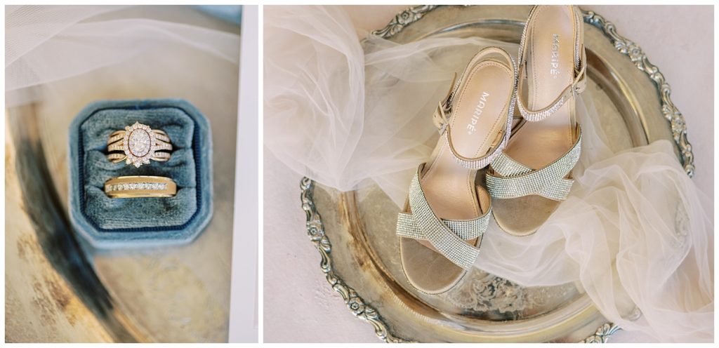 Sparkly bridal heels and vintage style wedding ring set in velvet blue box for an Ever After Farms Vineyard Wedding in North Florida.