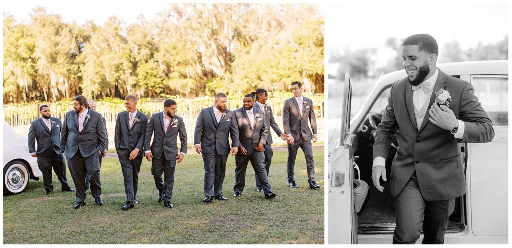 Groom and groomsmen by white vintage car at an Ever After Farms Vineyard Wedding in North Florida.