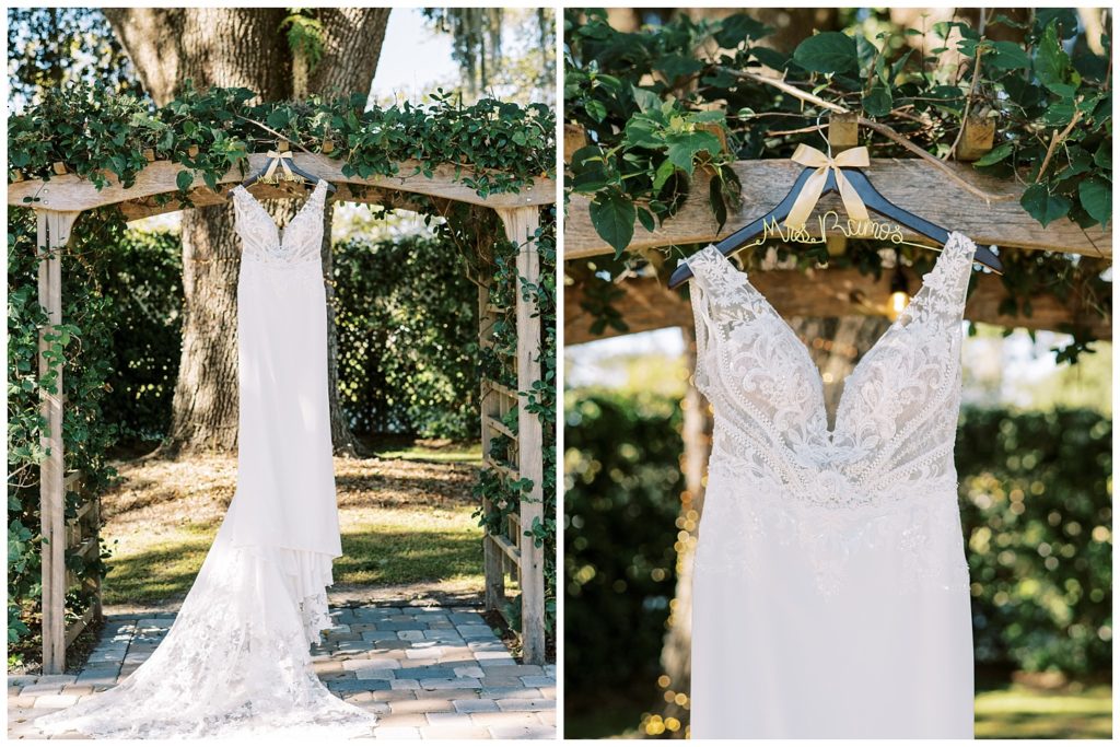 Lace mermaid style wedding dress with V neck for an Ever After Farms Vineyard Wedding in North Florida.