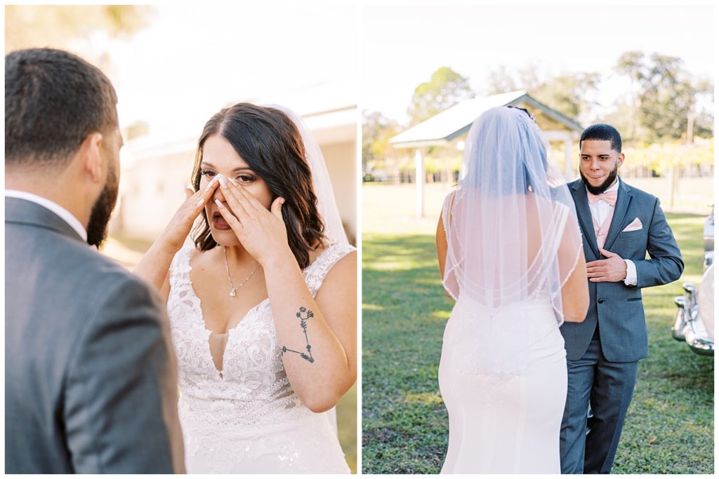 Bride and groom getting emotional during first look for an Ever After Farms Vineyard Wedding in North Florida.