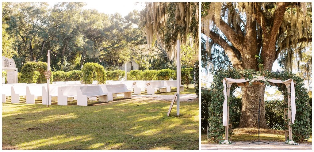 White and green wedding ceremony décor at an Ever After Farms Vineyard in North Florida.