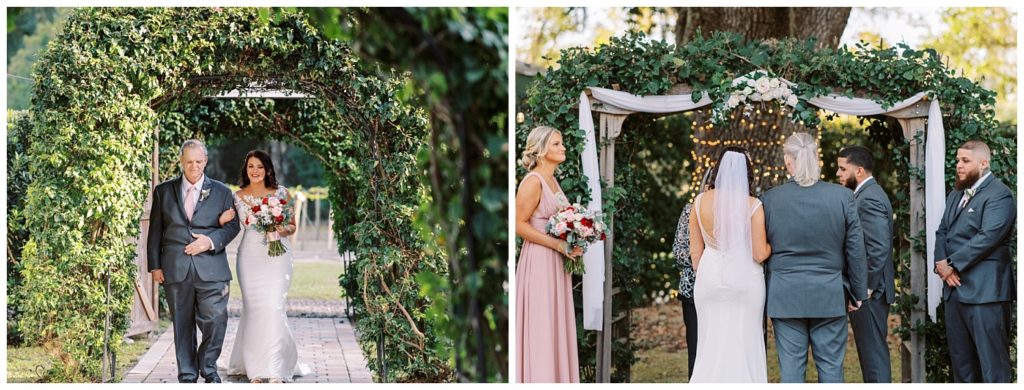 Father walks bride down the aisle at an Ever After Farms Vineyard Wedding in North Florida.