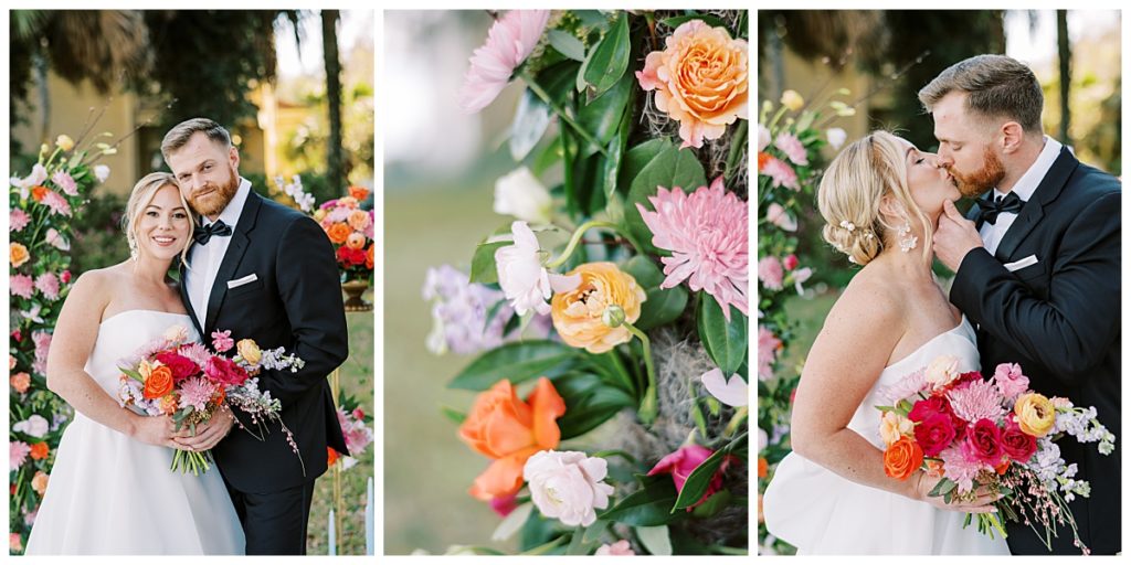 Bride and groom portraits by bright and colorful flowers
