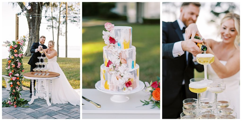 Colorful wedding cake and champagne glass tower